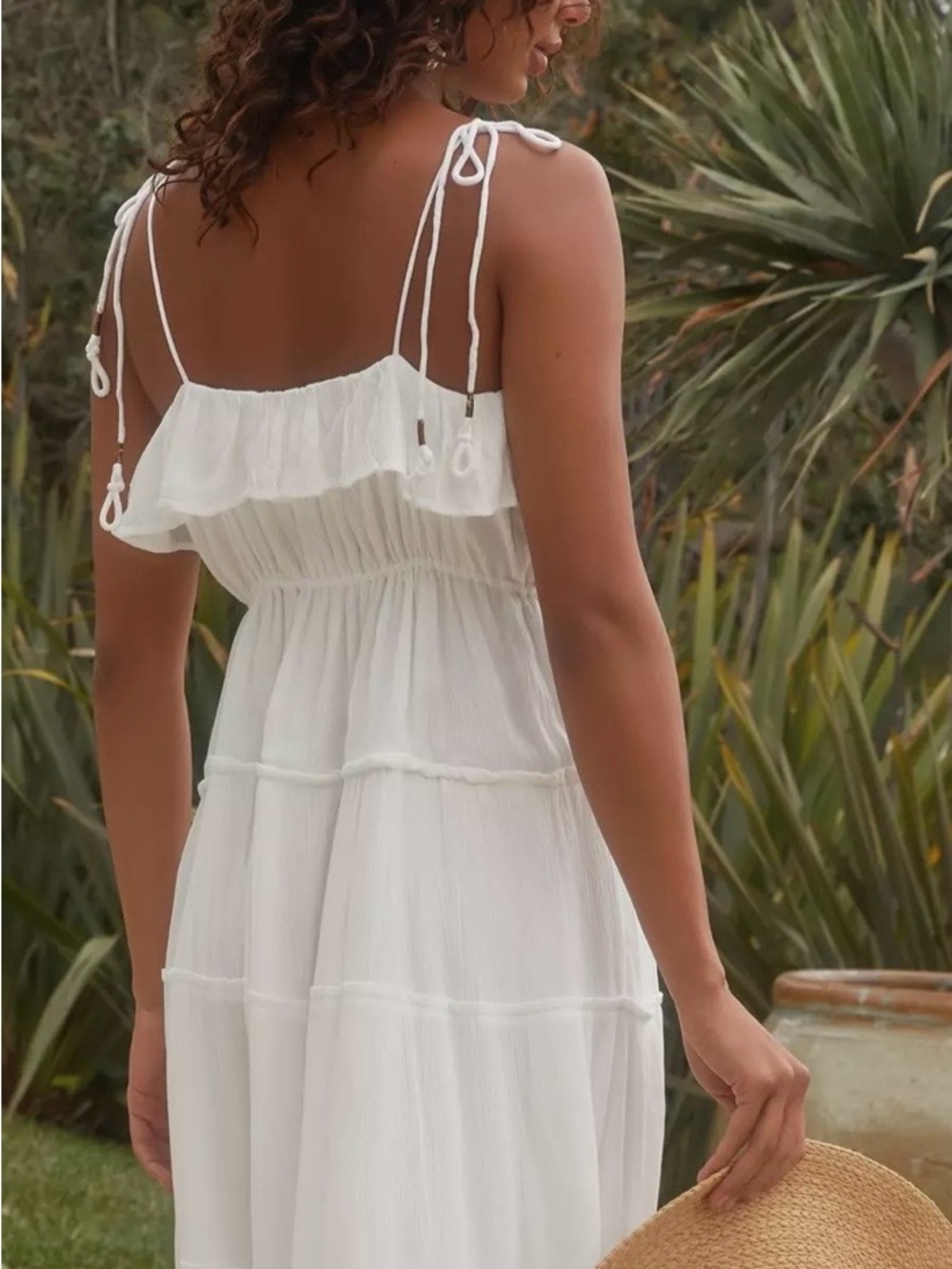 Anthropologie White Tiered Tie-Shoulder Maxi Dress
